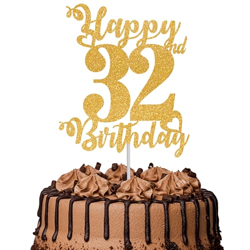Tortenaufsatz "Happy 32nd Birthday", glitzernd, Aufschrift "Cheers to 32 Years", Kuchendekoration für 32. Geburtstag, Kuchendekoration, goldfarben, 1 Stück Tortenaufsatz "Happy 32nd Birthday", glitzernd, Aufschrift "Cheers to 32 Years", Kuchendekoration für 32. Geburtstag, Kuchendekoration, goldfarben, 1 Stück von TOYVENTURES