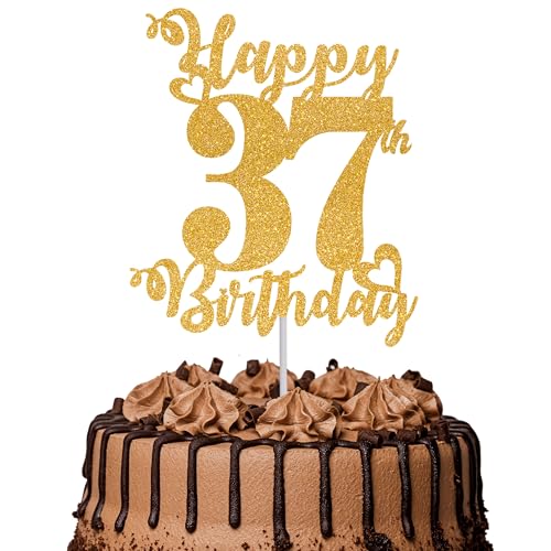 Tortenaufsatz "Happy 37th Birthday", glitzernd, Aufschrift "Cheers to 37 Years", Kuchendekoration für 37. Geburtstag, Party-Kuchendekoration, goldfarben, 1 Stück Tortenaufsatz "Happy 37th Birthday", glitzernd, Aufschrift "Cheers to 37 Years", Kuchendekoration für 37. Geburtstag, Party-Kuchendekoration, goldfarben, 1 Stück von TOYVENTURES