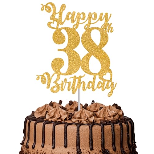 Tortenaufsatz "Happy 38th Birthday", glitzernd, Aufschrift "Cheers to 38 Years", Kuchendekoration, 38. Geburtstag, Party-Kuchendekoration, goldfarben, 1 Stück Tortenaufsatz "Happy 38th Birthday", glitzernd, Aufschrift "Cheers to 38 Years", Kuchendekoration, 38. Geburtstag, Party-Kuchendekoration, goldfarben, 1 Stück von TOYVENTURES