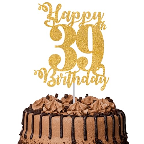 Tortenaufsatz "Happy 39th Birthday", glitzernd, Aufschrift "Cheers to 39 Years", Kuchendekoration für 39. Geburtstag, Party-Kuchendekoration, goldfarben, 1 Stück Tortenaufsatz "Happy 39th Birthday", glitzernd, Aufschrift "Cheers to 39 Years", Kuchendekoration für 39. Geburtstag, Party-Kuchendekoration, goldfarben, 1 Stück von TOYVENTURES