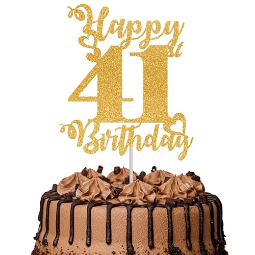 Tortenaufsatz "Happy 41st Birthday", glitzernd, Aufschrift "Cheers to 41 Years", Kuchendekoration für 41. Geburtstag, Kuchendekoration, goldfarben, 1 Stück Tortenaufsatz "Happy 41st Birthday", glitzernd, Aufschrift "Cheers to 41 Years", Kuchendekoration für 41. Geburtstag, Kuchendekoration, goldfarben, 1 Stück von TOYVENTURES