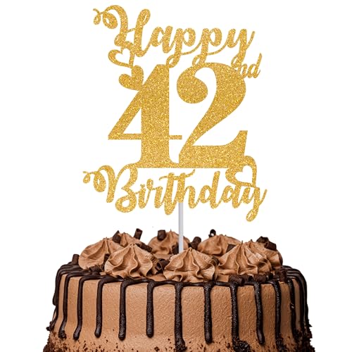Tortenaufsatz "Happy 42nd Birthday", glitzernd, Aufschrift "Cheers to 42 Years", Kuchendekoration für 42. Geburtstag, Kuchendekoration, goldfarben, 1 Stück Tortenaufsatz "Happy 42nd Birthday", glitzernd, Aufschrift "Cheers to 42 Years", Kuchendekoration für 42. Geburtstag, Kuchendekoration, goldfarben, 1 Stück von TOYVENTURES