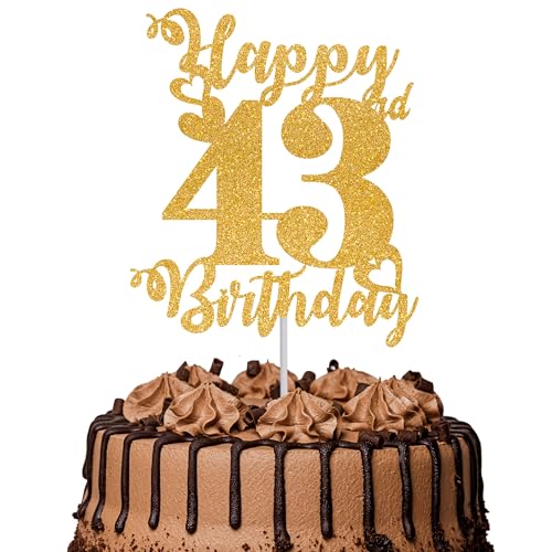 Tortenaufsatz "Happy 43rd Birthday", glitzernd, Aufschrift "Cheers to 43 Years", Kuchendekoration für 43. Geburtstag, Kuchendekoration, goldfarben, 1 Stück Tortenaufsatz "Happy 43rd Birthday", glitzernd, Aufschrift "Cheers to 43 Years", Kuchendekoration für 43. Geburtstag, Kuchendekoration, goldfarben, 1 Stück von TOYVENTURES