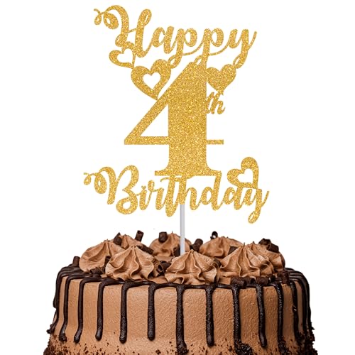 Tortenaufsatz "Happy 4th Birthday", glitzernd, Aufschrift "Cheers to 4 Years", 4 tolle Kuchendekoration für Happy 4th Birthday Party, Kuchendekorationen, Zubehör, goldfarben, 1 Stück von TOYVENTURES