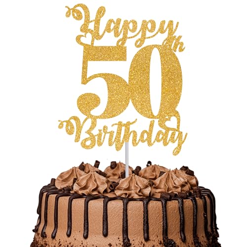 Tortenaufsatz "Happy 50th Birthday", glitzernd, Aufschrift "Cheers to 50 Years", 50 tolle Kuchendekoration für Happy 50th Birthday Party, Kuchendekorationen, Zubehör, goldfarben, 1 Stück von TOYVENTURES