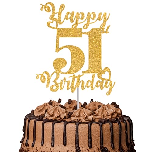 Tortenaufsatz "Happy 51st Birthday", glitzernd, Aufschrift "Cheers to 51 Years", Kuchendekoration, 51 Stück, tolle Kuchendekoration für Happy 51st Birthday Party, Kuchendekorationen, Zubehör, Gold von TOYVENTURES