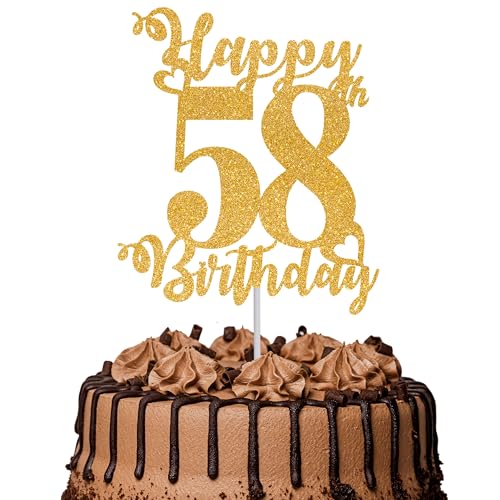 Tortenaufsatz "Happy 58th Birthday", glitzernd, Aufschrift "Cheers to 58 Years", Kuchendekoration, 58, tolle Kuchendekoration für Happy 58th Birthday Party, Kuchendekorationen, Zubehör, goldfarben, 1 Tortenaufsatz "Happy 58th Birthday", glitzernd, Aufschrift "Cheers to 58 Years", Kuchendekoration, 58, tolle Kuchendekoration für Happy 58th Birthday Party, Kuchendekorationen, Zubehör, goldfarben, 1 von TOYVENTURES