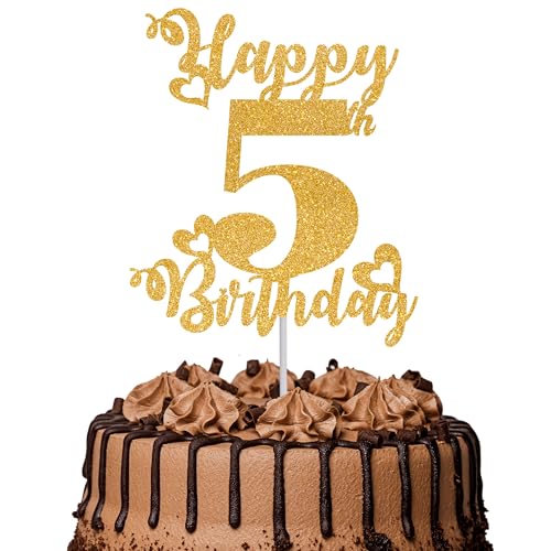 Tortenaufsatz "Happy 5th Birthday", glitzernd, Aufschrift "Cheers to 5 Years", 5 tolle Kuchendekoration für Happy 5th Birthday Party, Kuchendekorationen, Zubehör, goldfarben, 1 Stück von TOYVENTURES