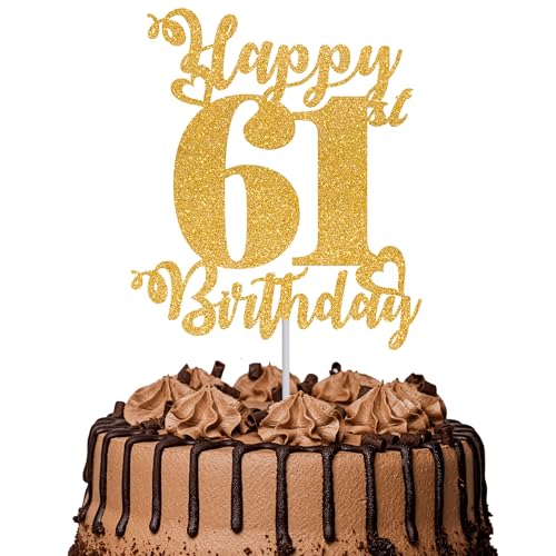 Tortenaufsatz "Happy 61st Birthday", glitzernd, Aufschrift "Cheers to 61 Years", Kuchendekoration für 61. Geburtstag, Kuchendekoration, goldfarben, 1 Stück Tortenaufsatz "Happy 61st Birthday", glitzernd, Aufschrift "Cheers to 61 Years", Kuchendekoration für 61. Geburtstag, Kuchendekoration, goldfarben, 1 Stück von TOYVENTURES