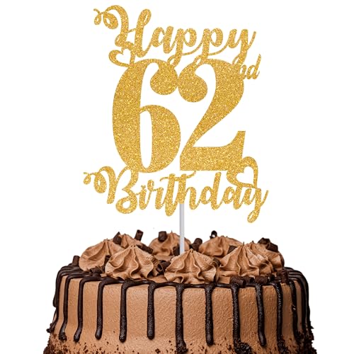 Tortenaufsatz "Happy 62nd Birthday", glitzernd, Aufschrift "Cheers to 62 Years", Kuchendekoration für 62. Geburtstag, Kuchendekoration, goldfarben, 1 Stück Tortenaufsatz "Happy 62nd Birthday", glitzernd, Aufschrift "Cheers to 62 Years", Kuchendekoration für 62. Geburtstag, Kuchendekoration, goldfarben, 1 Stück von TOYVENTURES