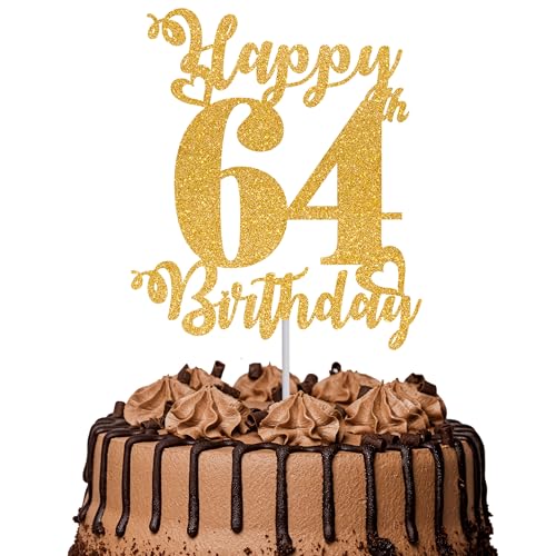 Tortenaufsatz "Happy 64th Birthday", glitzernd, Aufschrift "Cheers to 64 Years", Kuchendekoration für 64. Geburtstag, Party-Kuchendekoration, goldfarben, 1 Stück Tortenaufsatz "Happy 64th Birthday", glitzernd, Aufschrift "Cheers to 64 Years", Kuchendekoration für 64. Geburtstag, Party-Kuchendekoration, goldfarben, 1 Stück von TOYVENTURES