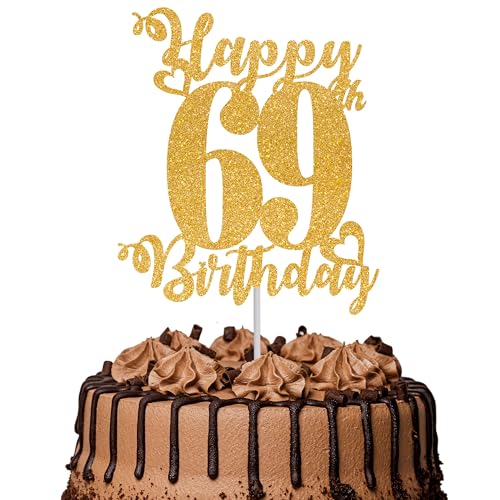 Tortenaufsatz "Happy 69th Birthday", glitzernd, Aufschrift "Cheers to 69 Years", Kuchendekoration für 69. Geburtstag, Party-Kuchendekoration, goldfarben, 1 Stück Tortenaufsatz "Happy 69th Birthday", glitzernd, Aufschrift "Cheers to 69 Years", Kuchendekoration für 69. Geburtstag, Party-Kuchendekoration, goldfarben, 1 Stück von TOYVENTURES