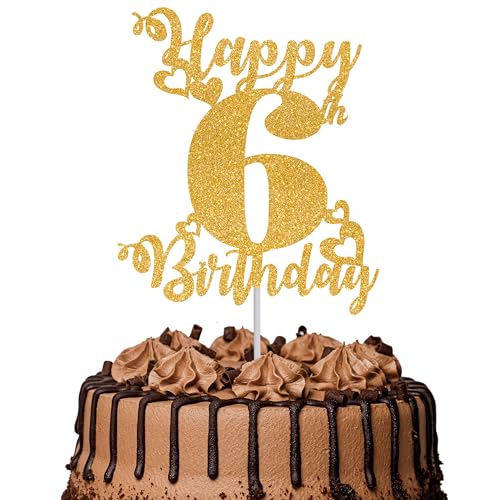 Tortenaufsatz "Happy 6th Birthday", glitzernd, Aufschrift "Cheers to 6 Years", Kuchendekoration, 6 tolle Kuchendekoration für Happy 6th Birthday Party, Kuchendekorationen, Zubehör, goldfarben, 1 Stück Tortenaufsatz "Happy 6th Birthday", glitzernd, Aufschrift "Cheers to 6 Years", Kuchendekoration, 6 tolle Kuchendekoration für Happy 6th Birthday Party, Kuchendekorationen, Zubehör, goldfarben, 1 Stück von TOYVENTURES