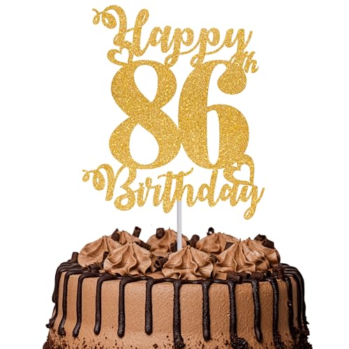 Tortenaufsatz "Happy 86th Birthday", glitzernd, Aufschrift "Cheers to 86 Years", Kuchendekoration, 86. Geburtstag, Party, Kuchendekoration, goldfarben, 1 Stück Tortenaufsatz "Happy 86th Birthday", glitzernd, Aufschrift "Cheers to 86 Years", Kuchendekoration, 86. Geburtstag, Party, Kuchendekoration, goldfarben, 1 Stück von TOYVENTURES