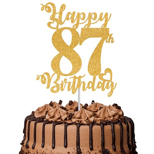 Tortenaufsatz "Happy 87th Birthday", glitzernd, Aufschrift "Cheers to 87 Years", Kuchendekoration für 87. Geburtstag, Party, Kuchendekoration, goldfarben, 1 Stück Tortenaufsatz "Happy 87th Birthday", glitzernd, Aufschrift "Cheers to 87 Years", Kuchendekoration für 87. Geburtstag, Party, Kuchendekoration, goldfarben, 1 Stück von TOYVENTURES