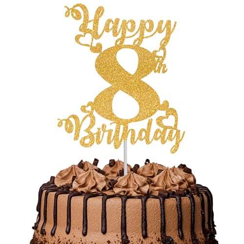 Tortenaufsatz "Happy 8th Birthday", glitzernd, Aufschrift "Cheers to 8 Years", Kuchendekoration, 8 tolle Kuchendekoration für 8. Geburtstag, Party-Kuchendekorationen, Zubehör, goldfarben, 1 Stück Tortenaufsatz "Happy 8th Birthday", glitzernd, Aufschrift "Cheers to 8 Years", Kuchendekoration, 8 tolle Kuchendekoration für 8. Geburtstag, Party-Kuchendekorationen, Zubehör, goldfarben, 1 Stück von TOYVENTURES