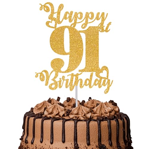 Tortenaufsatz "Happy 91st Birthday", glitzernd, Aufschrift "Cheers to 91 Years", Kuchendekoration für 91. Geburtstag, Party, Kuchendekoration, goldfarben, 1 Stück Tortenaufsatz "Happy 91st Birthday", glitzernd, Aufschrift "Cheers to 91 Years", Kuchendekoration für 91. Geburtstag, Party, Kuchendekoration, goldfarben, 1 Stück von TOYVENTURES