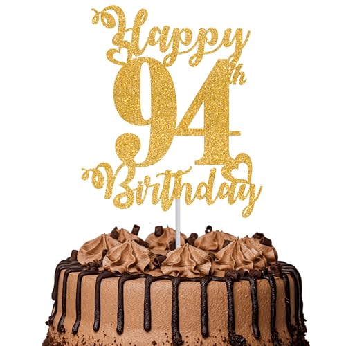 Tortenaufsatz "Happy 94th Birthday", glitzernd, Aufschrift "Cheers to 94 Years", Kuchendekoration für 94. Geburtstag, Party, Kuchendekoration, goldfarben, 1 Stück Tortenaufsatz "Happy 94th Birthday", glitzernd, Aufschrift "Cheers to 94 Years", Kuchendekoration für 94. Geburtstag, Party, Kuchendekoration, goldfarben, 1 Stück von TOYVENTURES
