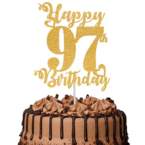 Tortenaufsatz "Happy 97th Birthday", glitzernd, Aufschrift "Cheers to 97 Years", Kuchendekoration für 97. Geburtstag, Party, Kuchendekoration, goldfarben, 1 Stück Tortenaufsatz "Happy 97th Birthday", glitzernd, Aufschrift "Cheers to 97 Years", Kuchendekoration für 97. Geburtstag, Party, Kuchendekoration, goldfarben, 1 Stück von TOYVENTURES