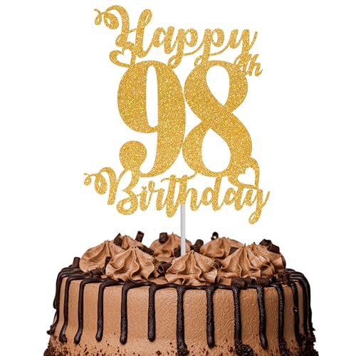 Tortenaufsatz "Happy 98th Birthday", glitzernd, Aufschrift "Cheers to 98 Years", Kuchendekoration für 98. Geburtstag, Party, Kuchendekoration, goldfarben, 1 Stück Tortenaufsatz "Happy 98th Birthday", glitzernd, Aufschrift "Cheers to 98 Years", Kuchendekoration für 98. Geburtstag, Party, Kuchendekoration, goldfarben, 1 Stück von TOYVENTURES