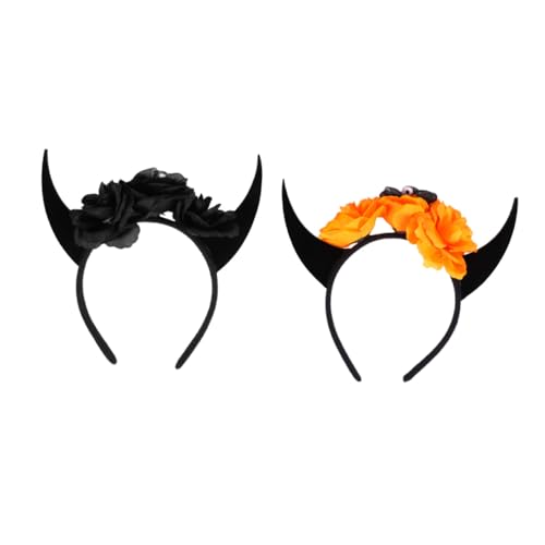 TOYZFRIENDY 2 Stück Halloween Haarreif mit Teufelshörnern und Künstlichen Blumen Teiliges in Schwarz und Orange Auffälliges Kostümzubehör für Erwachsene und Jugendliche für Halloween und von TOYZFRIENDY