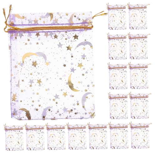 TOYZFRIENDY 50 Stück Organza Beutel mit Zugband Kleine Farbige Geschenkbeutel mit Mond und Stern Muster Wiederverwendbare Schmuck und Bonbonbeutel Feine Mesh Säckchen für Hochzeit Party und von TOYZFRIENDY