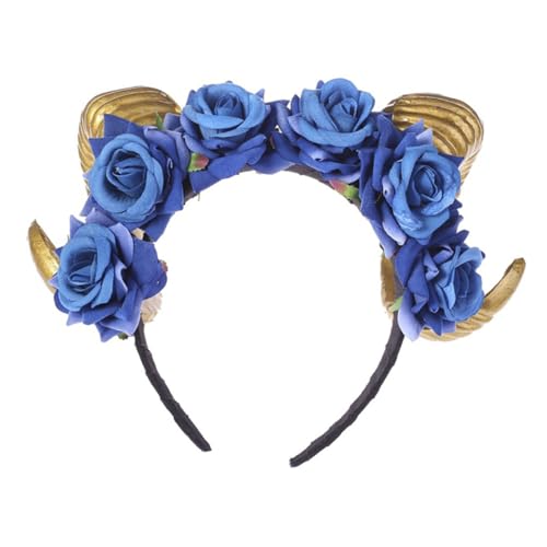 TOYZFRIENDY Blaues Halloween Haaraccessoire Rosen Stirnband mit Schwarzen Samt Hörnern Breites Animal Headpiece für Damen Bequemes Modisches Kopfschmuck für Party und Cosplay von TOYZFRIENDY
