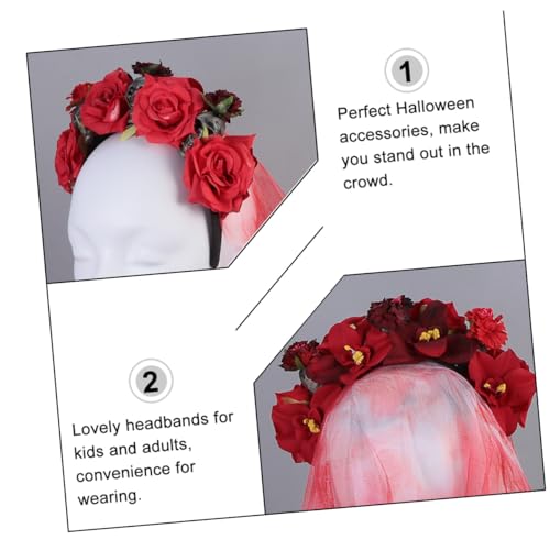 TOYZFRIENDY Halloween Haarschmuck Damen Skull Rosen Haarreif Rotes Blumenhaarband für Tag der Toten Cosplay Kostüm Stylisches Halloween Party Accessoire für Erwachsene von TOYZFRIENDY