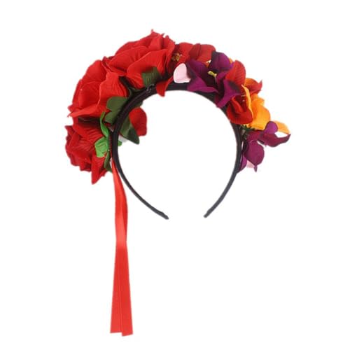 TOYZFRIENDY Rotes Blumenstirnband Damen Haarkranz Boho Haarreif für Halloween Party Festival Karneval Haarschmuck Strand Urlaub von TOYZFRIENDY