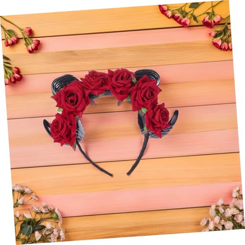TOYZFRIENDY Rotes Halloween Stirnband mit Schwarzen Samt Rosen und Detailreichen Gehörn Stilvolles Cosplay Haarreif für Party Kostüm Fotografie und Festliche Anlässe Damen Mädchen von TOYZFRIENDY