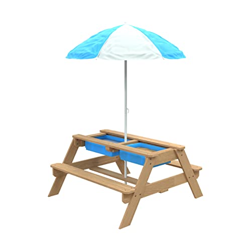 TP Toys 602 Sand-und Wasser-Picknickbank aus Holz | mit Sonnenschirm | Garten-und Gartenmöbel Picknicktisch mit Sonnenschutz | für 4 Kinder | ab 2 Jahren, Large von TP Toys