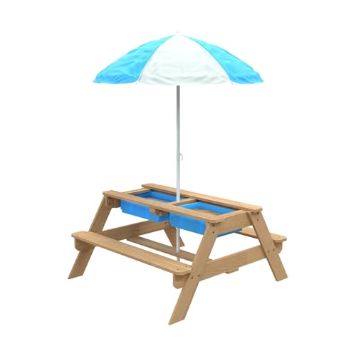 TP Toys Picknickbank aus Holz mit Sand und Wasser, mit Sonnenschirm, Garten- und Gartenmöbel für Kinder, Picknicktisch mit Sonnenschutz, für 4 Kinder, ab 2 Jahren von TP Toys
