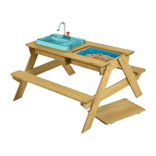 TP Toys TP617 Splash and Play hölzerner Picknicktisch mit funktionierendem Wasserhahn, Schüssel für Sand-und Wasserspiele, Mehrzweck-Holztisch für Kinder ab 2 Jahren 130 x 137 x 138 cm, Holzfarben von TP Toys