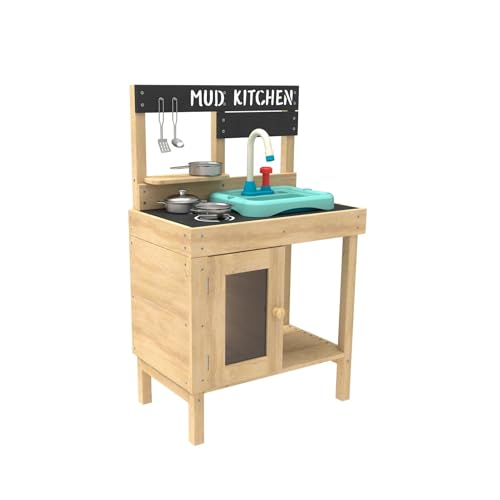 TP Toys 671 Mud Kitchen Splash & Play Früher Spaß Holz | Outdoor Schlammküche | Arbeitsspüle & Wasserhahn | Für Unordnung im Freien | Für Kinder ab 3 Jahren, Holzfarben, 93.5 x 40 x 12.5 cm von TP