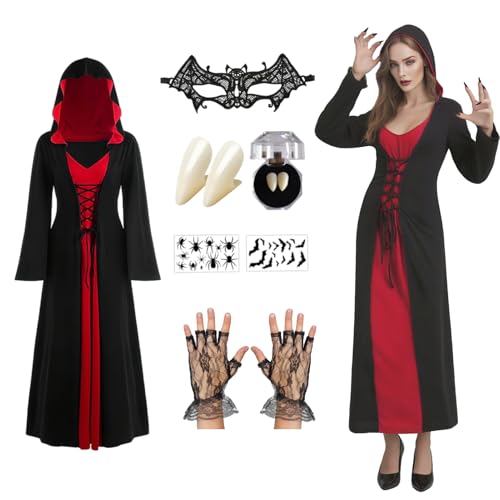 TPXIHAD Gothic Vampir Ensemble Damen 4 Stück Mittelalter Kleid Set mit Kapuzen Umhang Fledermaus Augenmaske Spitze Handschuhe Gothic Aufkleber Halloween Cosplay (S) von TPXIHAD
