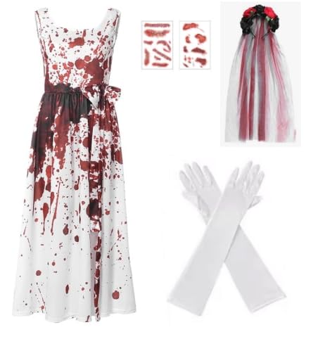 TPXIHAD Mittelalterliches Hochzeitskleid Macaber für Halloween – Damenkostüm mit Schleier und Dekorationen für Party, Karneval oder Maskerade (L) von TPXIHAD
