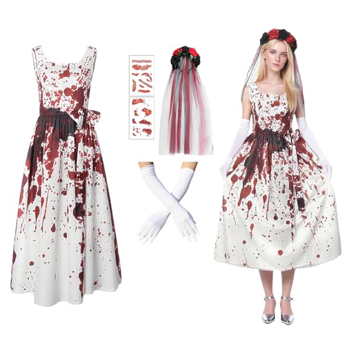 TPXIHAD Undead Braut Kostüm Set für Damen - 4-teiliges Gothic Kleid mit blutbeflecktem Schleier, Stirnband und realistischen Narbenaufklebern für Halloween, Motto-Partys (S) von TPXIHAD
