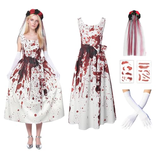 TPXIHAD Undead Braut Kostüm Set für Damen - 4-teiliges Gothic Kleid mit blutbeflecktem Schleier, Stirnband und realistischen Narbenaufklebern für Halloween, Motto-Partys (XXL) von TPXIHAD