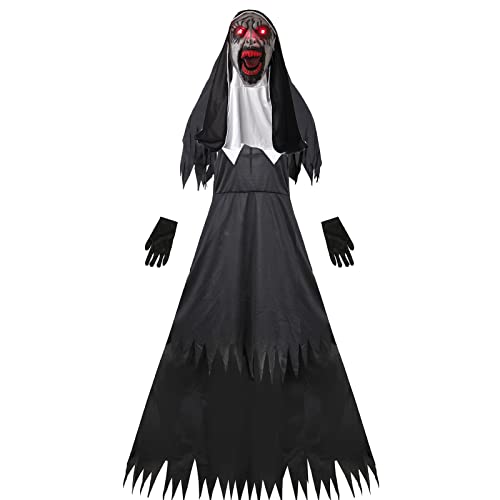 Halloween Nonne Kostüm mit leuchtender Maske, Übergröße Deluxe Geisternonne Outfit Kleid für Damen (Erwachsene-L) von TPone