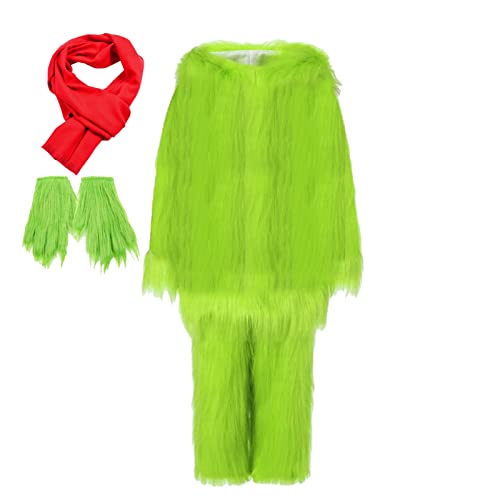 TPone Komplettes Set grünes flauschiges Plüsch-Weihnachtskostüm mit Handschuh und Schal, Erwachsenenkostüm, grünes Monster, Cosplay, Hoodies, Outfit (XL) von TPone