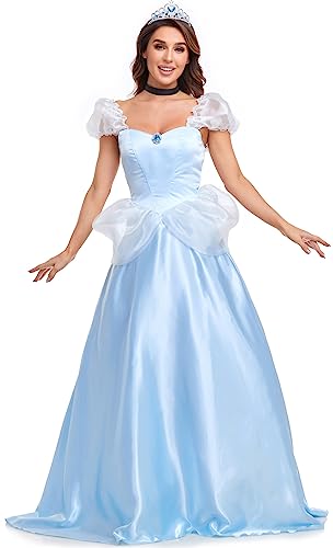 TRACYCY Damen Aschenputtel Kostüm Kleid Erwachsene Cosplay Cinderella Lang Abendkleid Verkleidung Halloween Weihnachten Fasching Karneval Geburtstag Partykleid Blau von TRACYCY