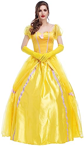 TRACYCY Damen Prinzessin Belle Kostüm Erwachsene Cosplay Die Schöne und das Biest Lang Abendkleid und Handschuhe Anzug Verkleidung Halloween Weihnachten Fasching Karneval Geburtstag Partykleid Gelb von TRACYCY