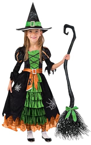 TRACYCY Hexen Kostüm für Mädchen Verkleidung Halloween Festkleid und Hexenhut Anzug Kinder Halloween Karneval Cosplay Partykleid Fasching Kleine Hexe Outfit Schwarz Grün 3-14 Jahre von TRACYCY