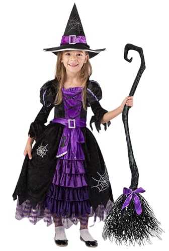 TRACYCY Mädchen Hexenkostüm, Samt Blase Langarm Hexenkleid Fasching Cosplay Zauberhexe Kostüm mit Zauberhut für Halloween Karneval Party Kinder Verkleidung, Grün, Lila TRACYCY Mädchen Hexenkostüm, Samt Blase Langarm Hexenkleid Fasching Cosplay Zauberhexe Kostüm mit Zauberhut für Halloween Karneval Party Kinder Verkleidung, Grün, Lila von TRACYCY