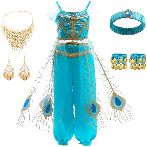 TRACYCY Mädchen Jasmin Kostüm Pailletten Top Hose Bauchtanz Kleider mit Zubehör Weihnachten Karneval Halloween Party Fest Aladdin Jasmine Prinzessin Kostüm Verkleidung, 3-9 Jahre TRACYCY Mädchen Jasmin Kostüm Pailletten Top Hose Bauchtanz Kleider mit Zubehör Weihnachten Karneval Halloween Party Fest Aladdin Jasmine Prinzessin Kostüm Verkleidung, 3-9 Jahre von TRACYCY