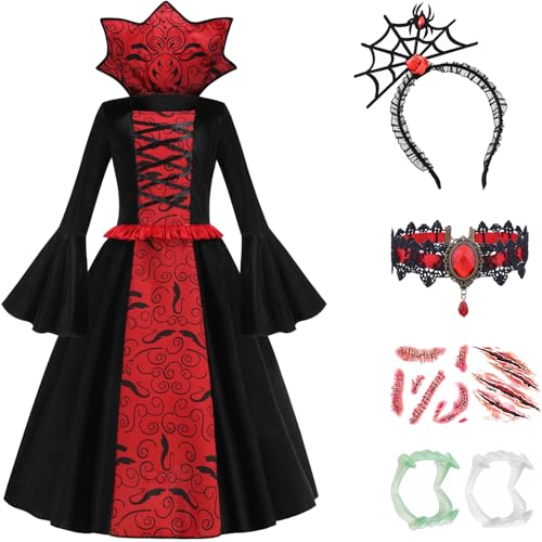 TRACYCY Mädchen Vampir Kostüm, Mittelalterlich Vintage Vampir Königin Dämon Hexe Langarm Stehkragen Kleid mit Stirnband Halskette Gebiss Aufkleber für Halloween Karneval Party Verkleidung, 5-14 Jahre TRACYCY Mädchen Vampir Kostüm, Mittelalterlich Vintage Vampir Königin Dämon Hexe Langarm Stehkragen Kleid mit Stirnband Halskette Gebiss Aufkleber für Halloween Karneval Party Verkleidung, 5-14 Jahre von TRACYCY
