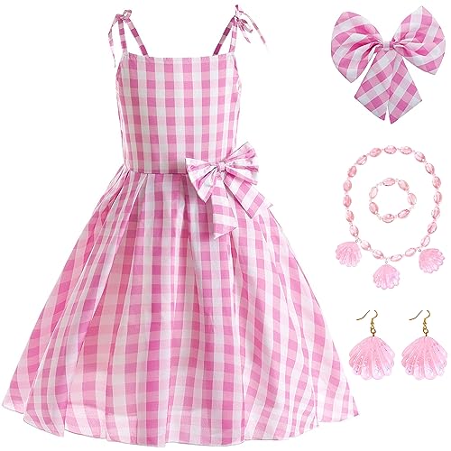 TRACYCY Margot Puppe Kostüm Mädchen Prinzessin Kleid Cosplay Movie 1950s Vintage Outfit Rosa Love Plaid Kleid mit Halskette Ohrringe Armbänder für Kinder Halloween Karneval Verkleidung Partykleid von TRACYCY