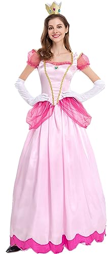 TRACYCY Peach Kostüm Damen Cosplay Prinzessin Peach Fasching Lang Abendkleider mit Krone und Handschuhe Anzug für Verkleidung Prinzessin Aurora Halloween Weihnachten Karneval Geburtstagsfeier Outfits von TRACYCY
