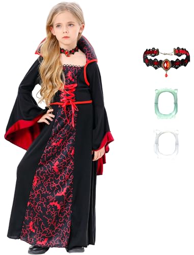TRACYCY Vampir Kostüm Mädchen Fasching Cosplay Vampir Königin Böse Hexe Mittelalter Gothic Vintage Kleid mit Halskette und Gebiss Halloween Karneval Geburtstag Party Verkleidung Costume von TRACYCY