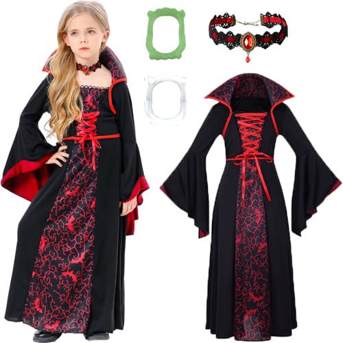 TRACYCY Vampir Kostüm Mädchen Fasching Cosplay Vampir Königin Böse Hexe Mittelalter Gothic Vintage Kleid mit Halskette und Gebiss für Kinder Halloween Karneval Geburtstag Party Verkleidung Costume TRACYCY Vampir Kostüm Mädchen Fasching Cosplay Vampir Königin Böse Hexe Mittelalter Gothic Vintage Kleid mit Halskette und Gebiss für Kinder Halloween Karneval Geburtstag Party Verkleidung Costume von TRACYCY